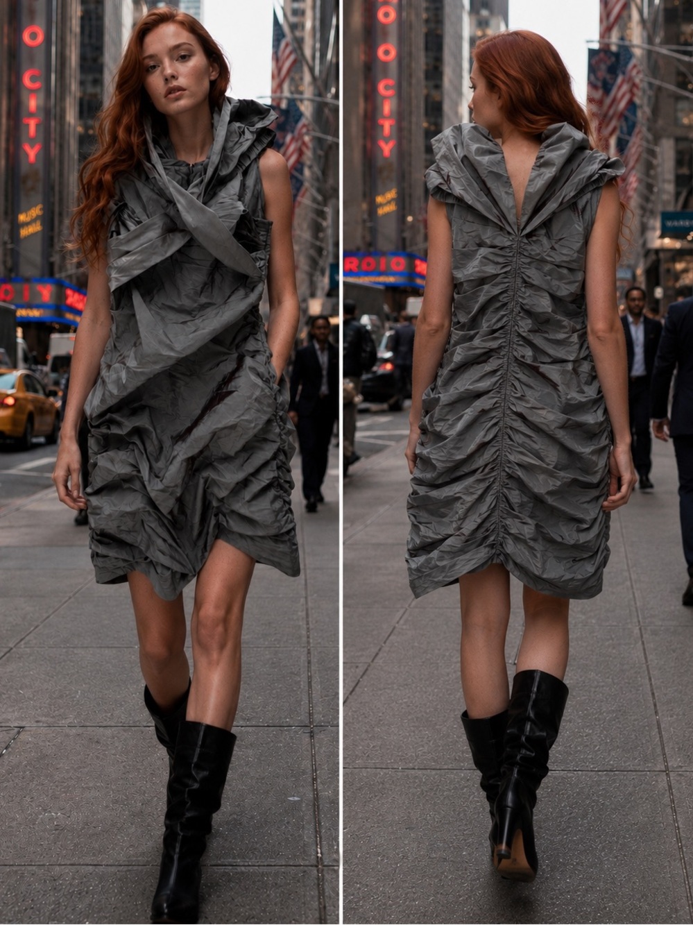Adrianna Papell Slate Grey Textured Draped Mini Avant-Garde Gray Draped dress